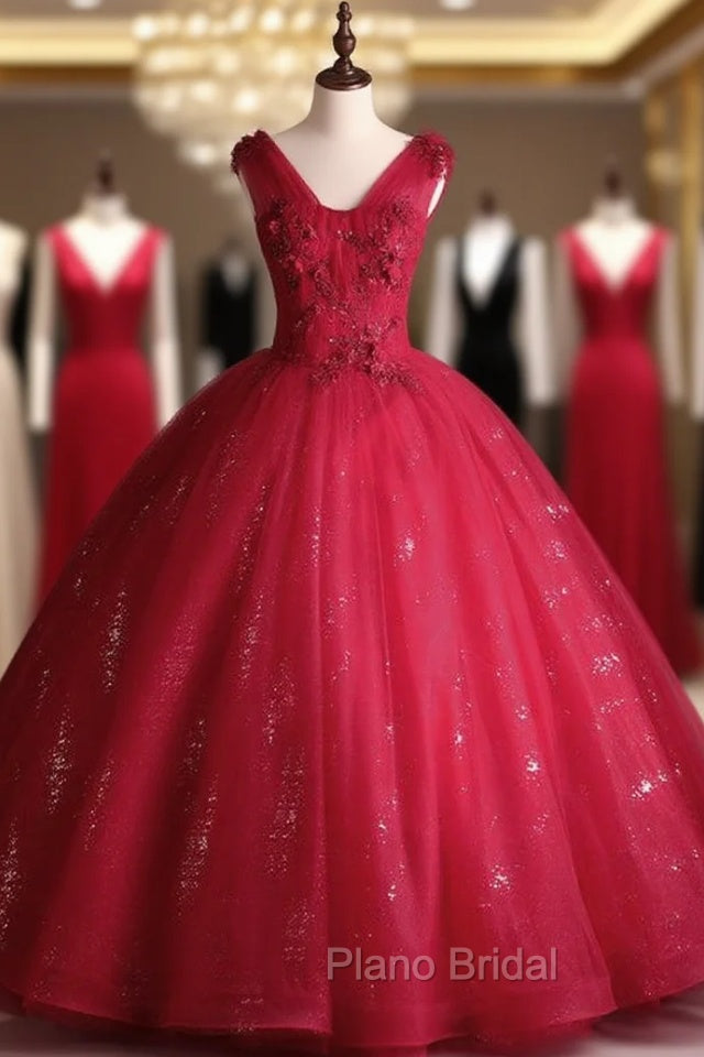 Burgundy Tulle Sequins V-neck Appliques Beading Quinceanera Dresses