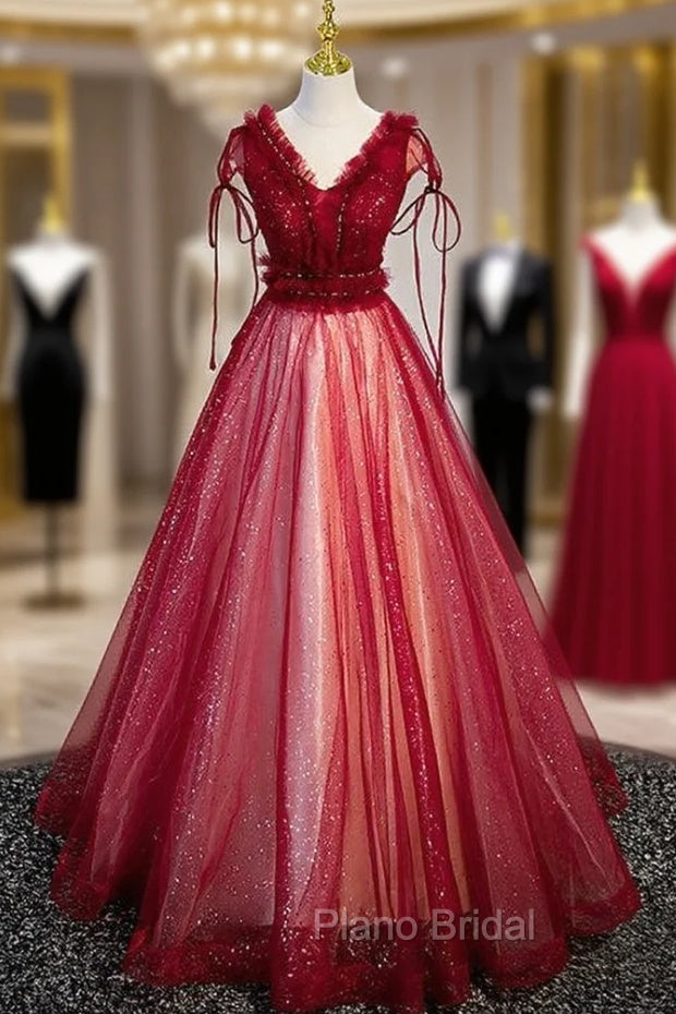 Burgundy Tulle Sequins V-neck Beading Formal Prom Dresses Main image