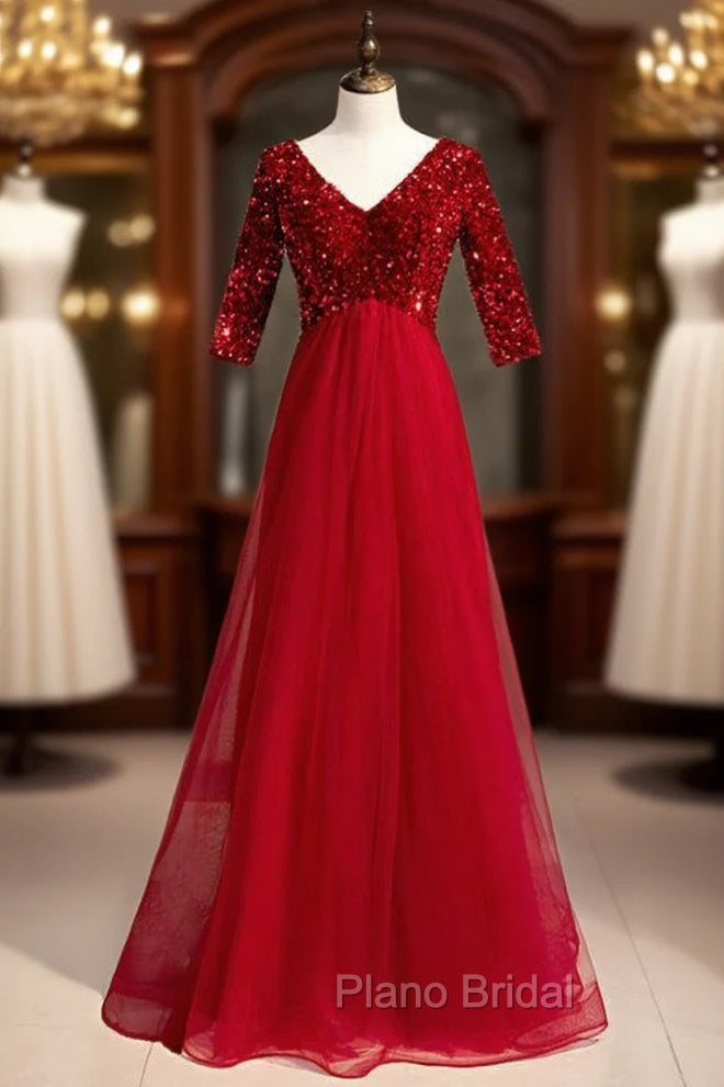 Burgundy Tulle Sequins V-neck Short Sleeve Formal Prom Dresses Main image