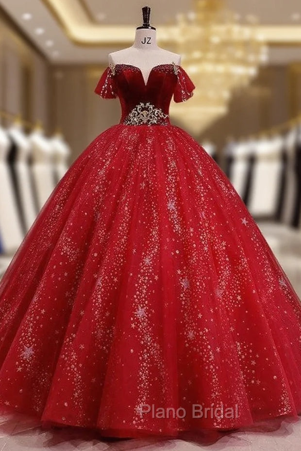 Burgundy Tulle Sequins Velvet Off the Shoulder Quinceanera Dresses Main image