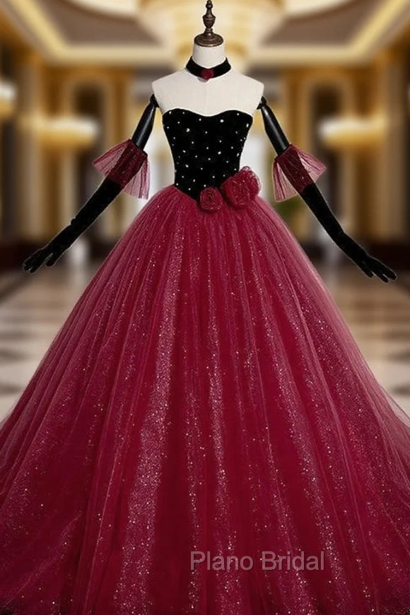 Burgundy Tulle Sequins Velvet Strapless Formal Prom Dresses Main image