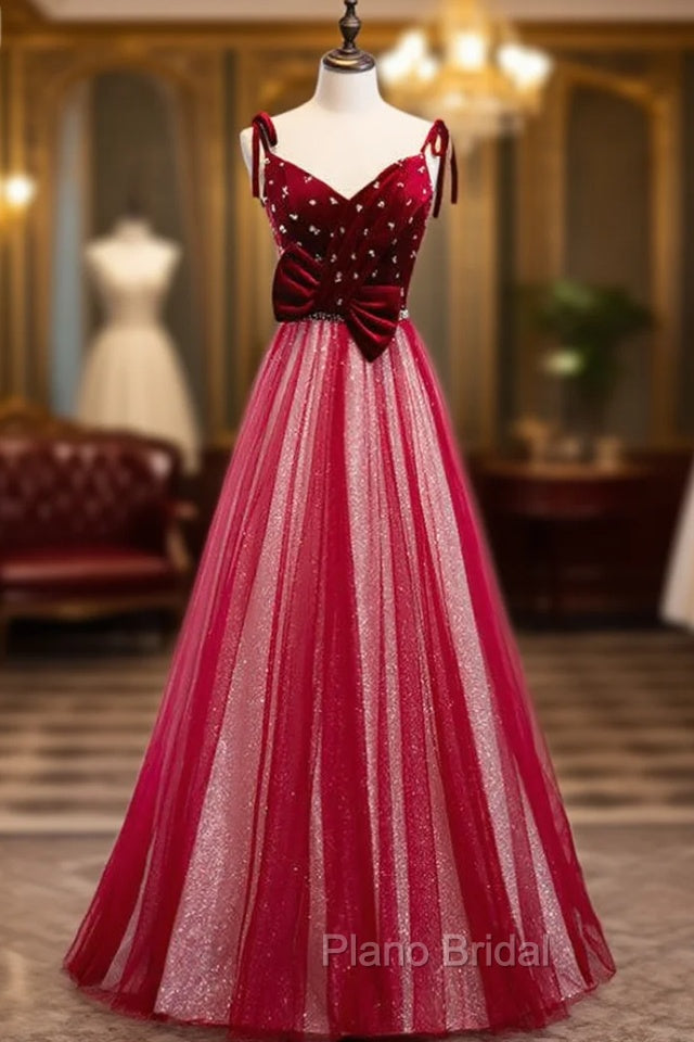 Burgundy Tulle Sequins Velvet V-neck Beading Formal Prom Dresses Main image