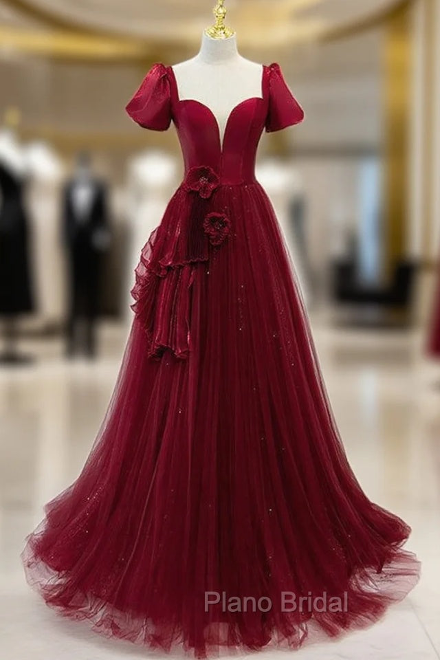 Burgundy Tulle Short Sleeve Backless Pleats Formal Prom Dresses Main image