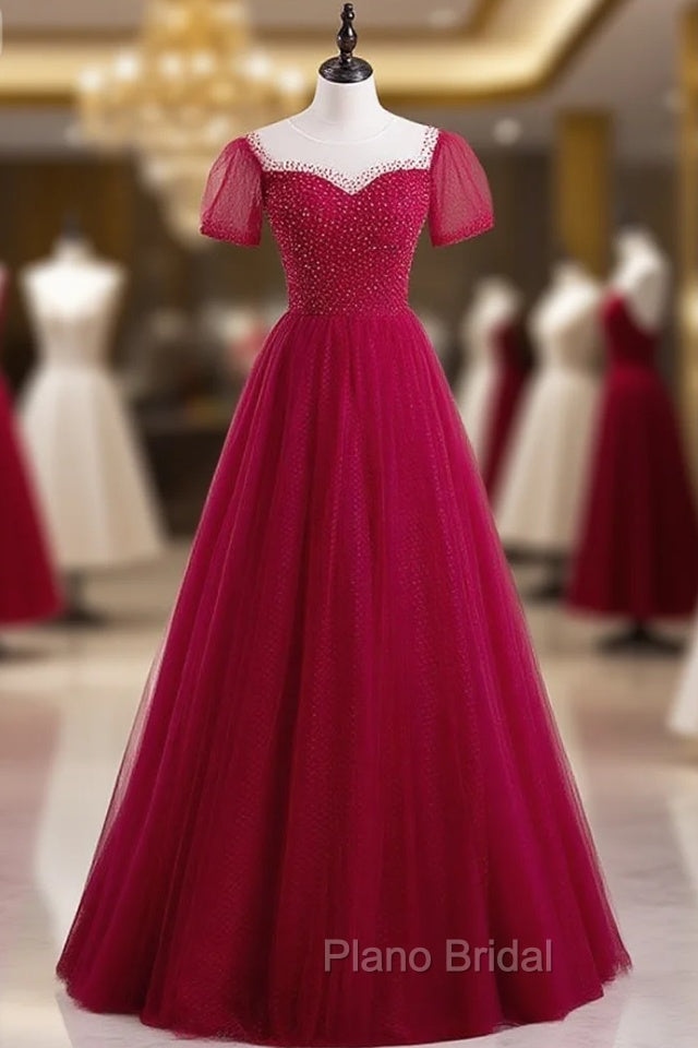 Burgundy Tulle Short Sleeve Scoop Neck Formal Prom Dresses Main image