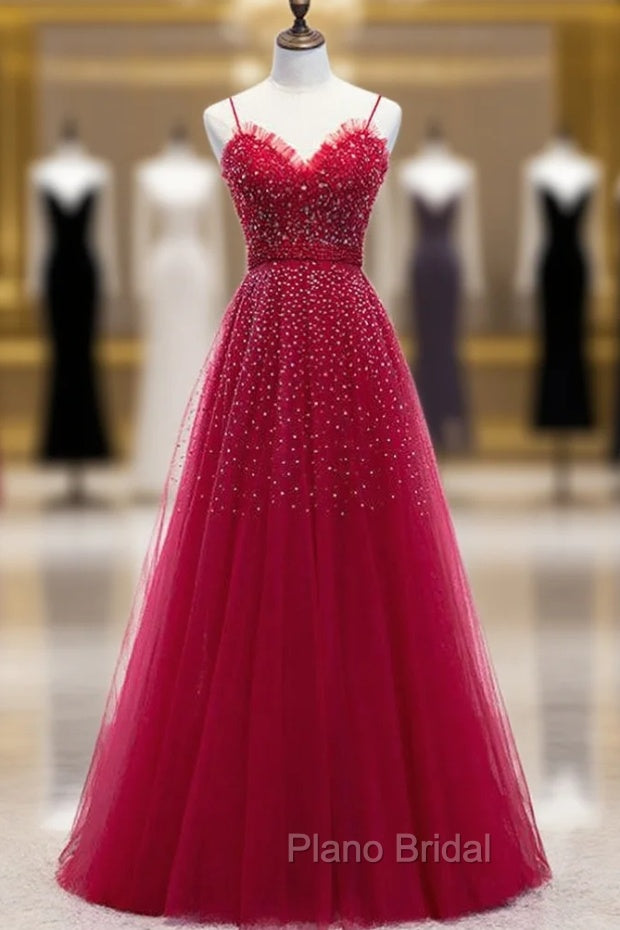 Burgundy Tulle Spagehtti Straps Beading Formal Prom Dresses Main image