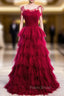 Burgundy Tulle Spagehtti Straps Pleats Tiers Formal Prom Dresses
