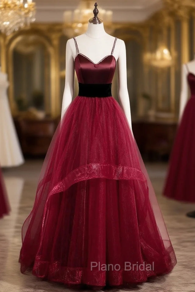 Burgundy Tulle Spaghetti Straps Backless Formal Prom Dresses Main image