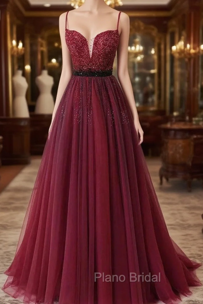 Burgundy Tulle Spaghetti Straps Beaded Formal Prom Dresses Main image