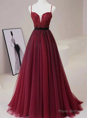 Burgundy Tulle Spaghetti Straps Beaded Prom Dress