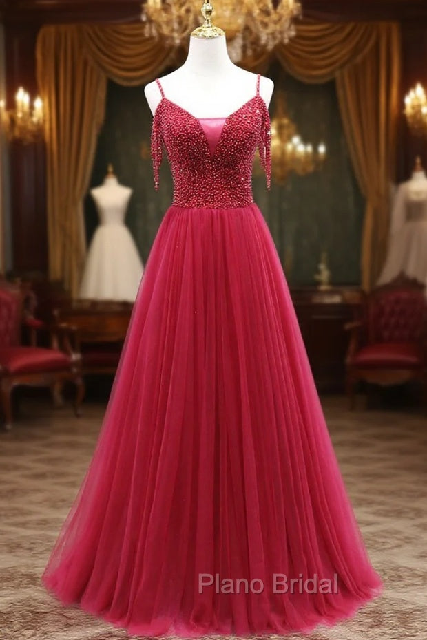 Burgundy Tulle Spaghetti Straps Beading Formal Prom Dressess Main image