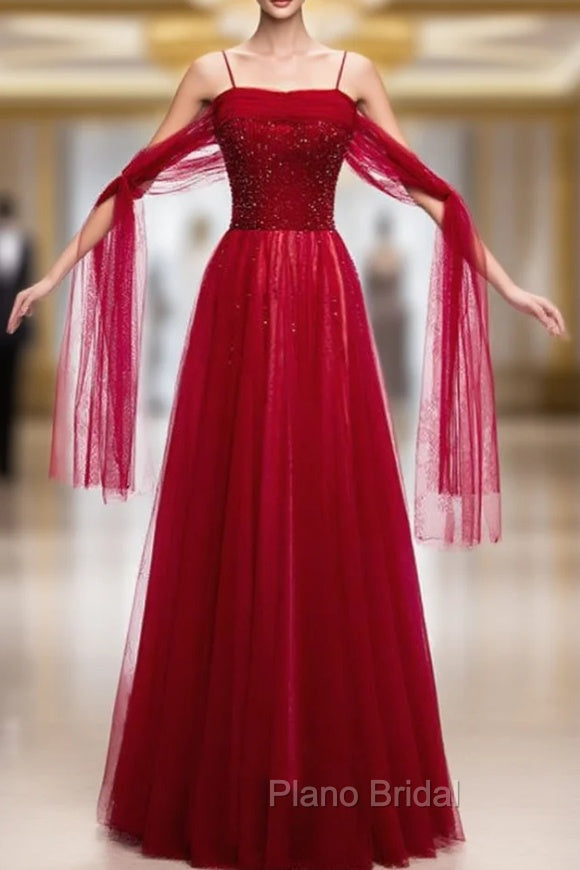 Burgundy Tulle Spaghetti Straps Beading Sequins Formal Prom Dresses Main image