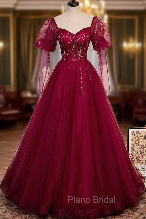Burgundy Tulle Square Long Sleeve Beading Formal Prom Dresses Main image
