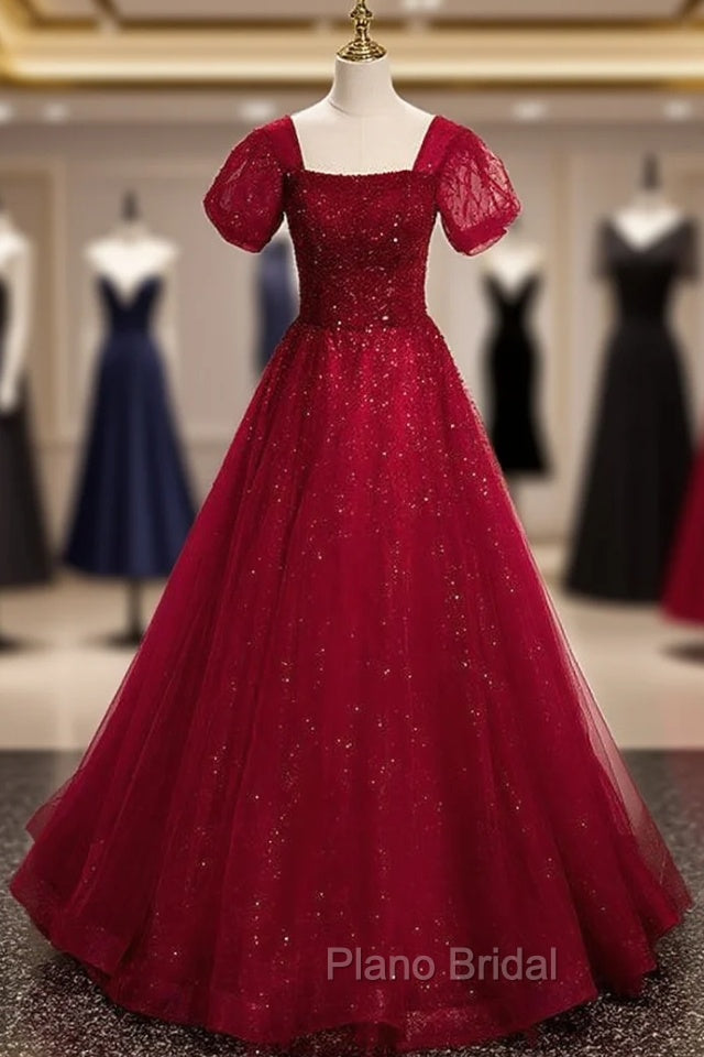 Burgundy Tulle Square Puff Sleeve Beading Formal Prom Dresses