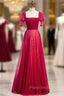 Burgundy Tulle Square Short Sleeve Beading Formal Prom Dresses