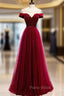 Burgundy Tulle Star Sequins Cap Sleeve Formal Prom Dresses