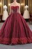 Burgundy Tulle Strapless Beading Feather Formal Prom Dresses