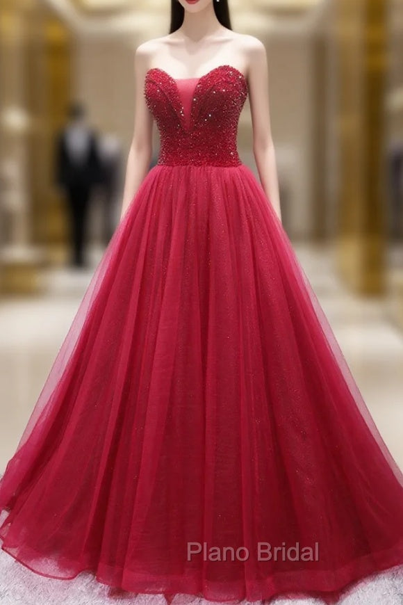 Burgundy Tulle Strapless Beading Formal Prom Dresses Main image