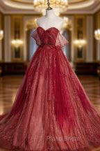 Burgundy Tulle Strapless Floor Length Formal Prom Dresses, A-Line Evening Graduation Dresses