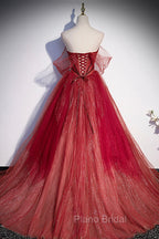 Burgundy Tulle Strapless Floor Length Formal Prom Dresses, A-Line Evening Graduation Dresses