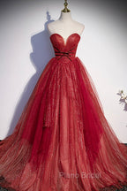 Burgundy Tulle Strapless Floor Length Formal Prom Dresses, A-Line Evening Graduation Dresses