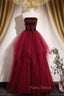 Burgundy Tulle Strapless Formal Prom Dresses