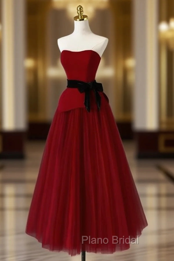 Burgundy Tulle Strapless Tea Length Formal Prom Dresses Main image