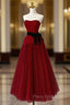 Burgundy Tulle Strapless Tea Length Formal Prom Dresses