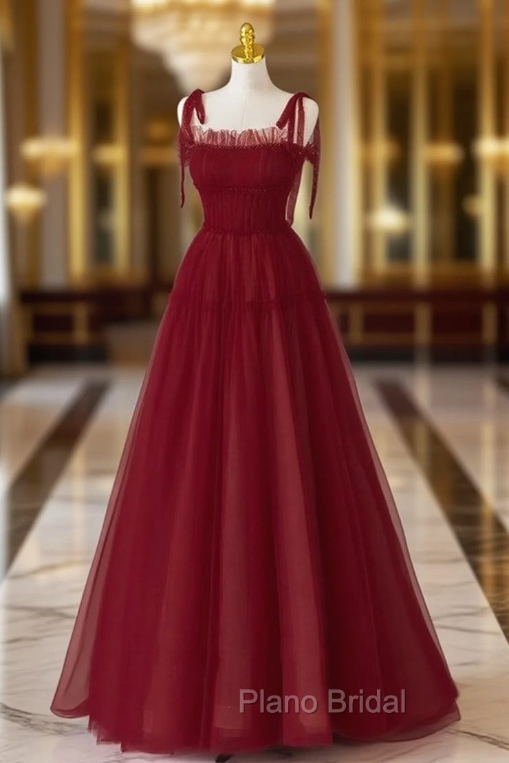 Burgundy Tulle Straps Beading Formal Prom Dresses Main image