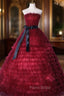 Burgundy Tulle Tiers Strapless Quinceanera Dresses