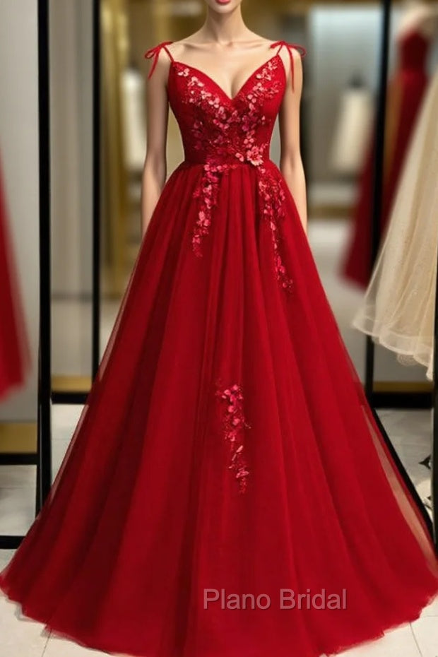 Burgundy Tulle V-neck Appliques Backless Formal Prom Dresses