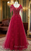 Burgundy Tulle V-neck Cap Sleve Beading Formal Prom Dresses