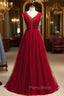Burgundy Tulle V-neck Pleats Beading Sequins Formal Prom Dresses