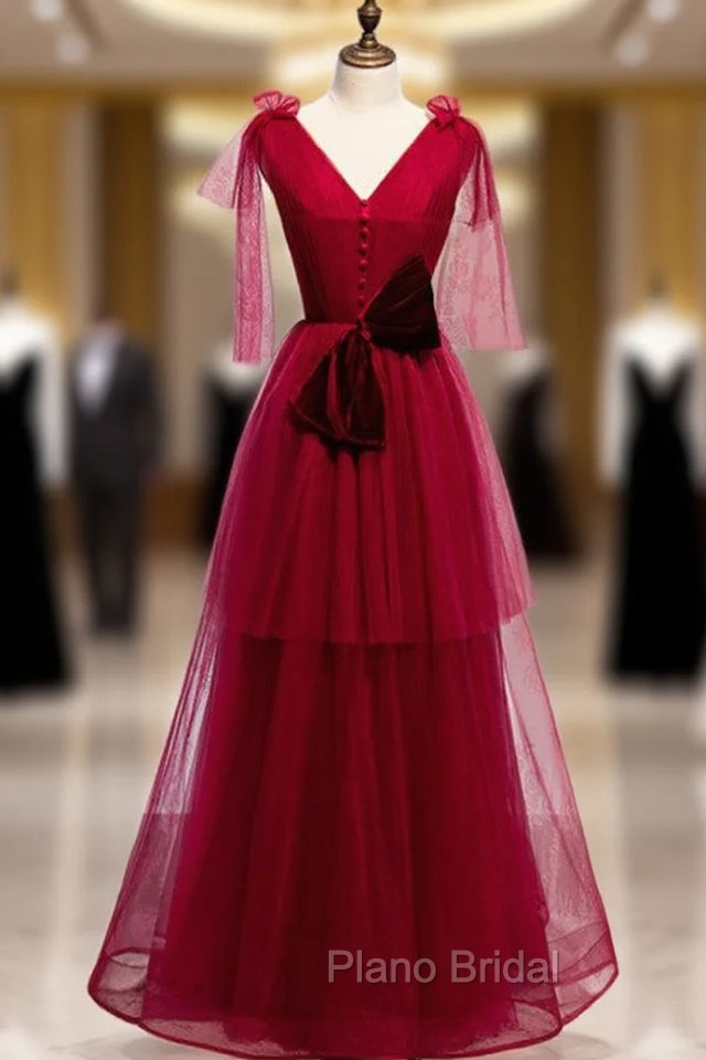 Burgundy Tulle V-neck Pleats Long Formal Prom Dresses With Bow Main image