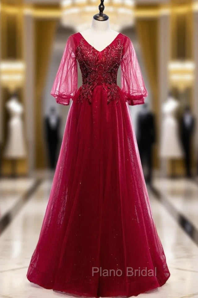 Burgundy Tulle V-neck Puff Sleeve Beading Formal Prom Dresses