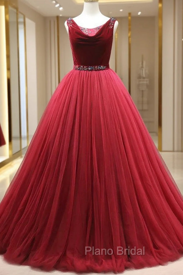 Burgundy Tulle Velvet Backles Beading Formal Prom Dresses