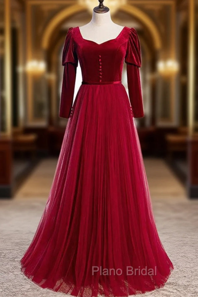 Burgundy Tulle Velvet Long Sleeve Square Long Formal Prom Dresses Main image
