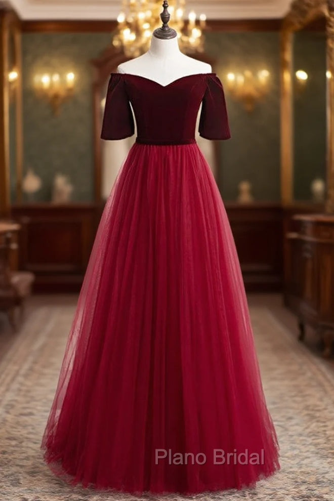 Burgundy Tulle Velvet Off the Shoulder Short Sleeve Formal Prom Dresses Main image