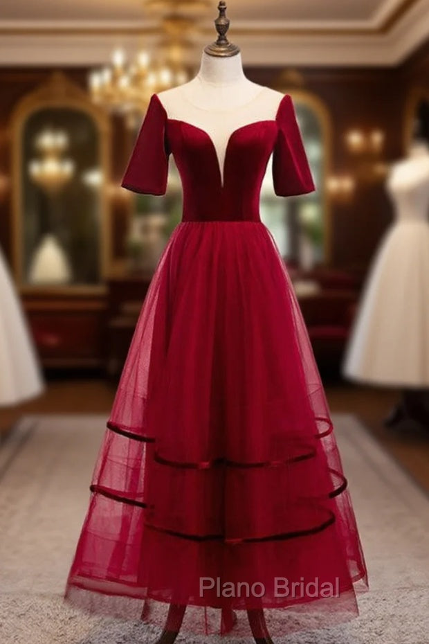 Burgundy Tulle Velvet Short Sleeve Ankle Length Formal Prom Dresses