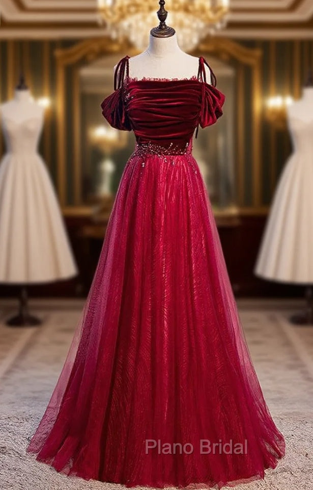 Burgundy Tulle Velvet Spaghetti Straps Beading Formal Prom Dresses