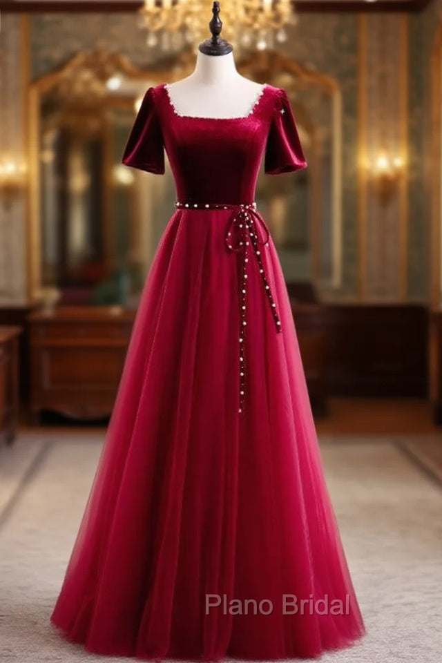 Burgundy Tulle Velvet Square Short Sleeve Formal Prom Dresses Main image