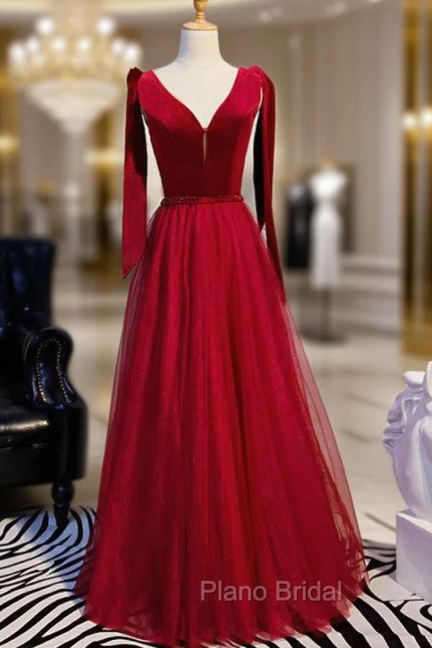 Burgundy Tulle Velvet V-neck Beading Formal Prom Dresses With Bow Main image
