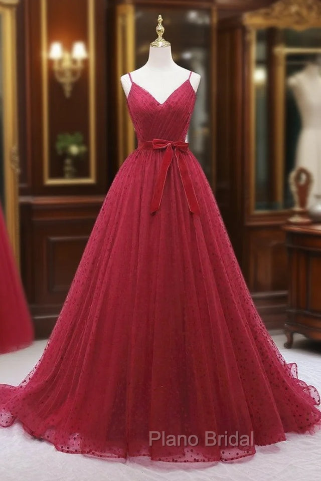 Burgundy Tulle Wave Point Formal Prom Dresses Main image
