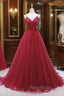Burgundy Tulle Wave Point Formal Prom Dresses