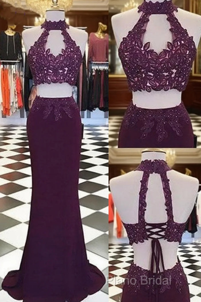 Burgundy Two Pieces Lace Long Formal Prom Dresses, Formal Dresses Main image