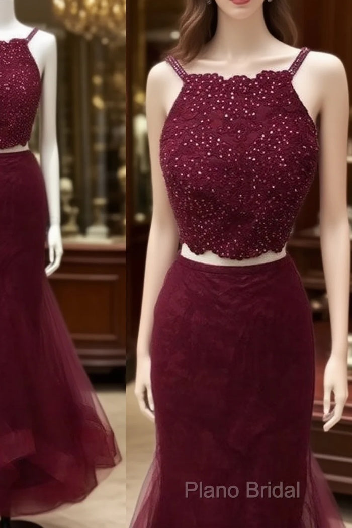 Burgundy Two Pieces Lace Tulle Long Formal Prom Dresses Main image