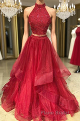 Burgundy two pieces tulle lace long Formal Prom dress, lace evening dress