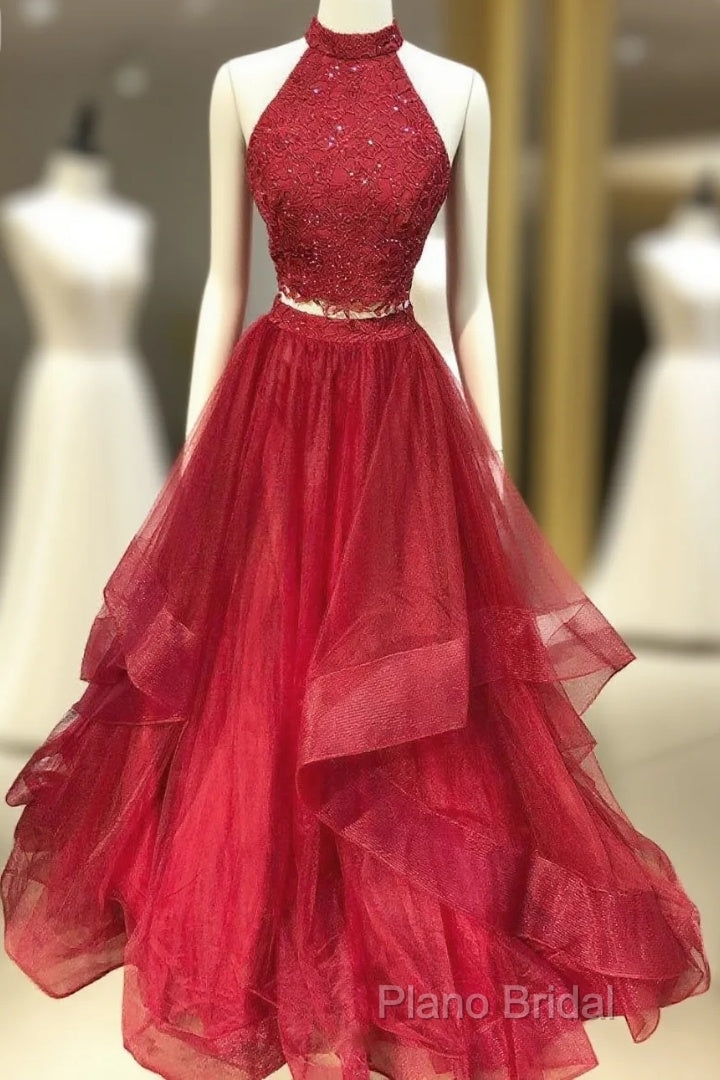 Burgundy Two Pieces Tulle Lace Long Formal Prom Dresses, Lace Formal Dresses Main image