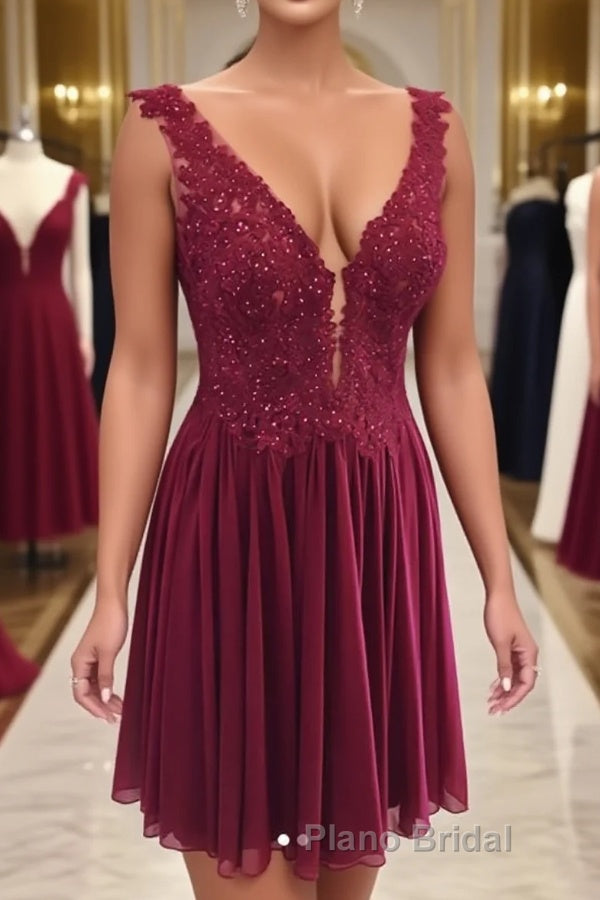 Burgundy v neck chiffon lace short Formal Prom dress, homecoming dress Main image