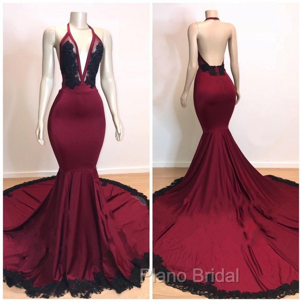 Burgundy V-neck Halter Appliques Long Mermaid Evening Dresses Secondary image