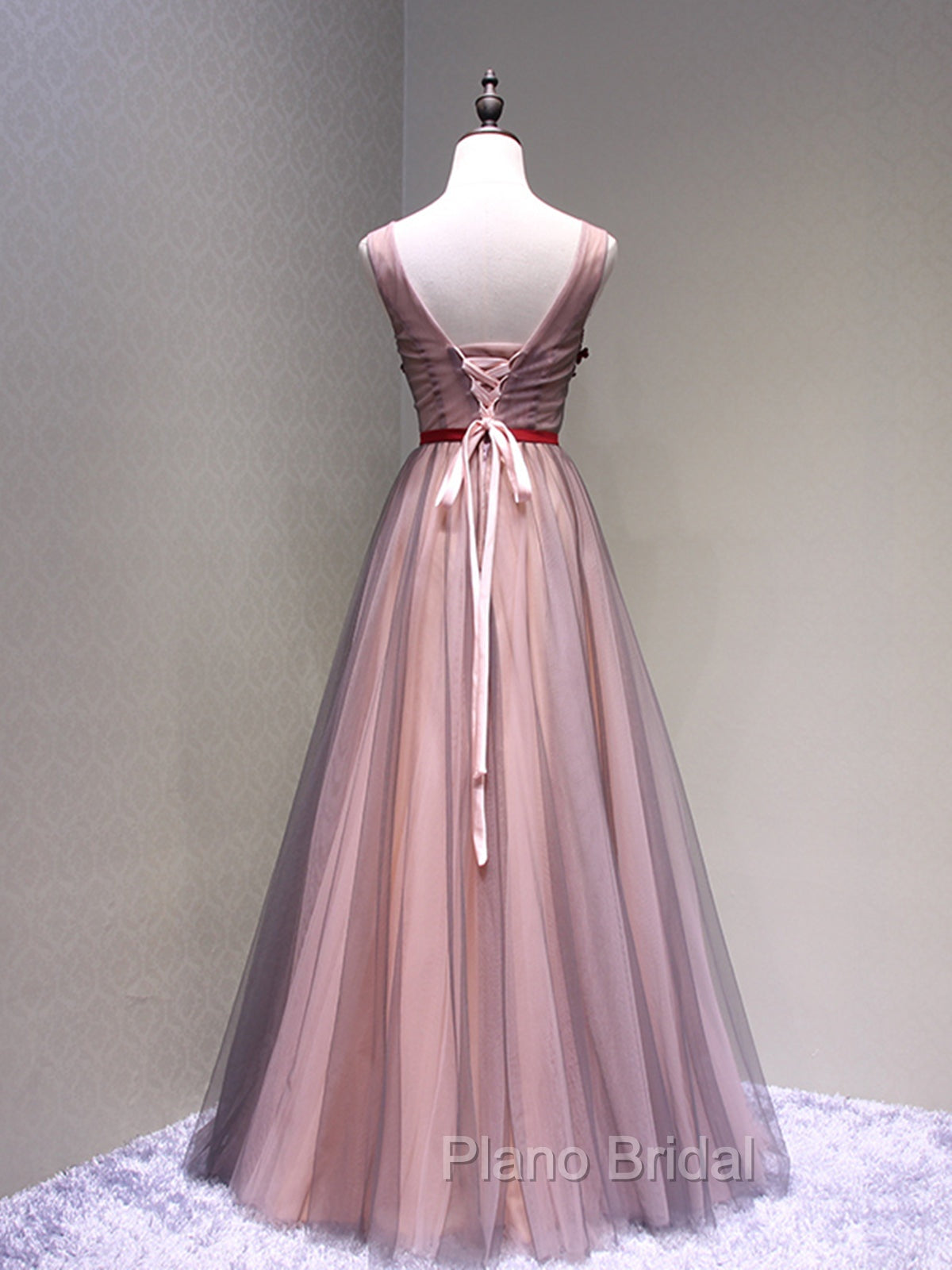 Burgundy V Neck Lace Floral Long Formal Prom Dresses, Burgundy V Neck Long Formal Evening Dresses